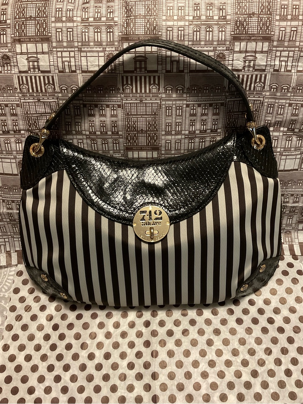 Henri Bendel 712 Canvas with Embossed Trim Shoulder Hobo Bag w Mirror